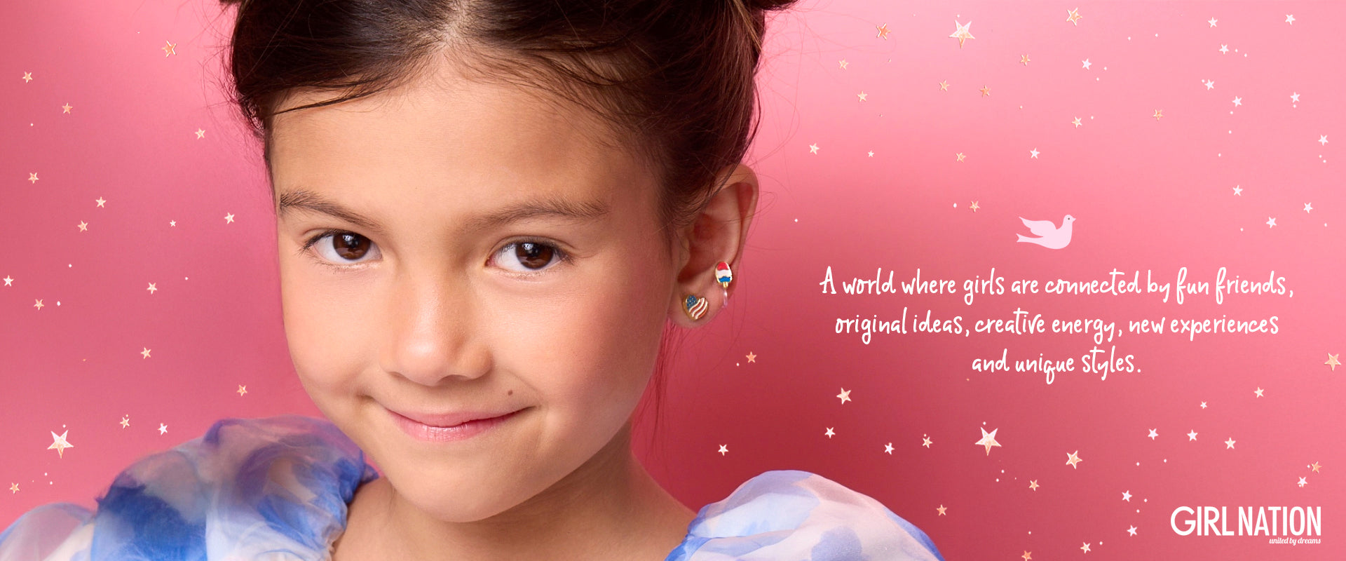 Young girl wearing hypoallergenic stud earrings, Girl Nation Canada brand banner