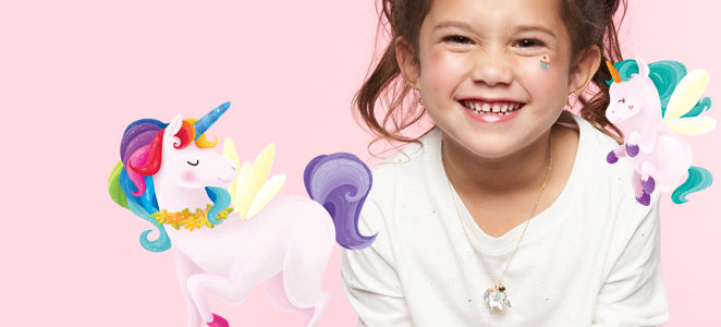 Girl wearing unicorn necklace with colorful unicorn illustrations, Girl Nation Unicorns & Magic collection