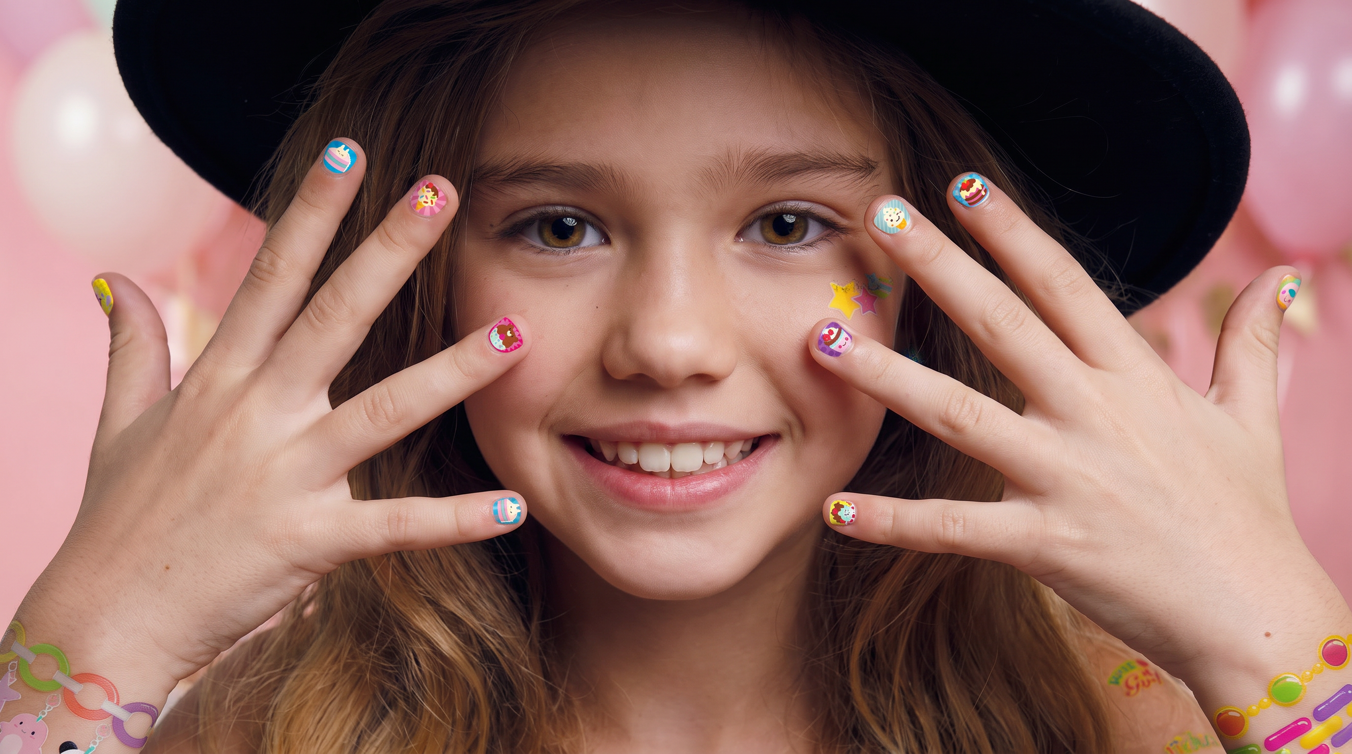 Smiling girl wearing colorful nail stickers and temporary tattoos, birthday party balloons in background