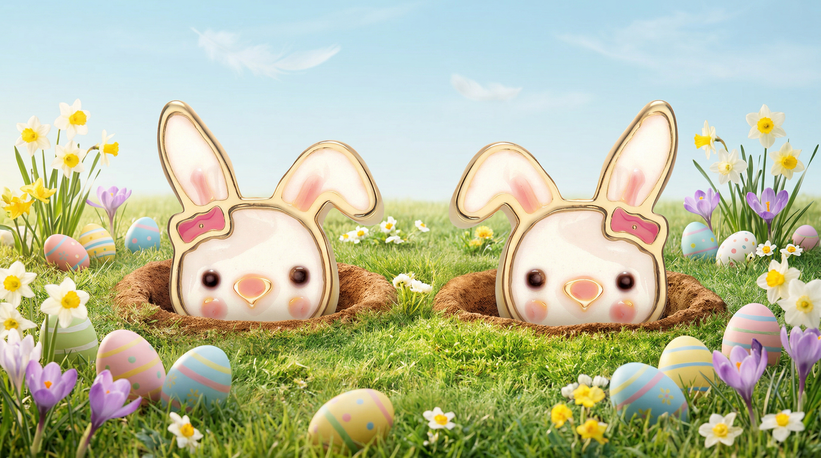 Two pastel bunny stud earrings with pink and blue bows nestled among Easter eggs and spring flowers