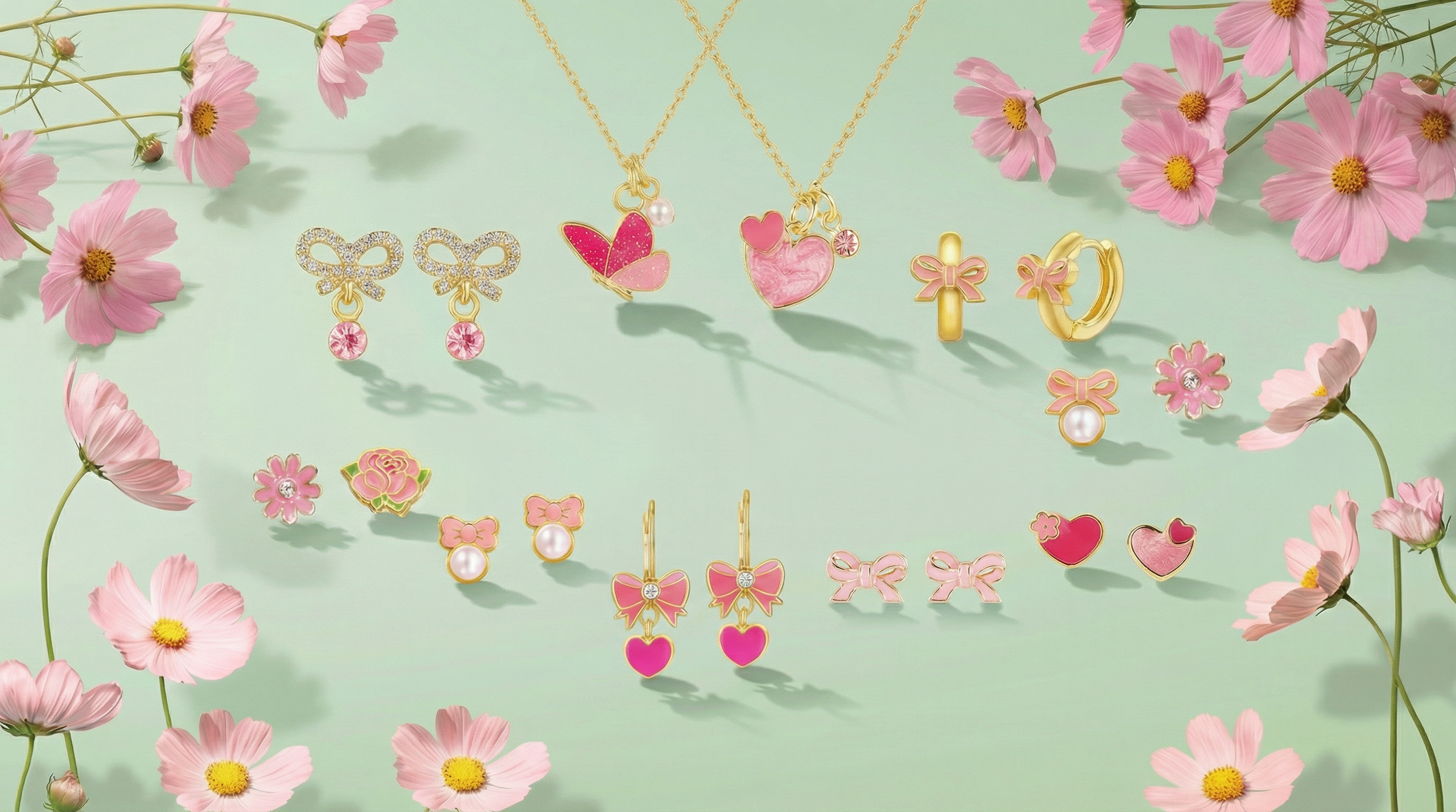 Bow, butterfly, flower, and heart-shaped gold earrings and necklaces displayed among pink cosmos flowers