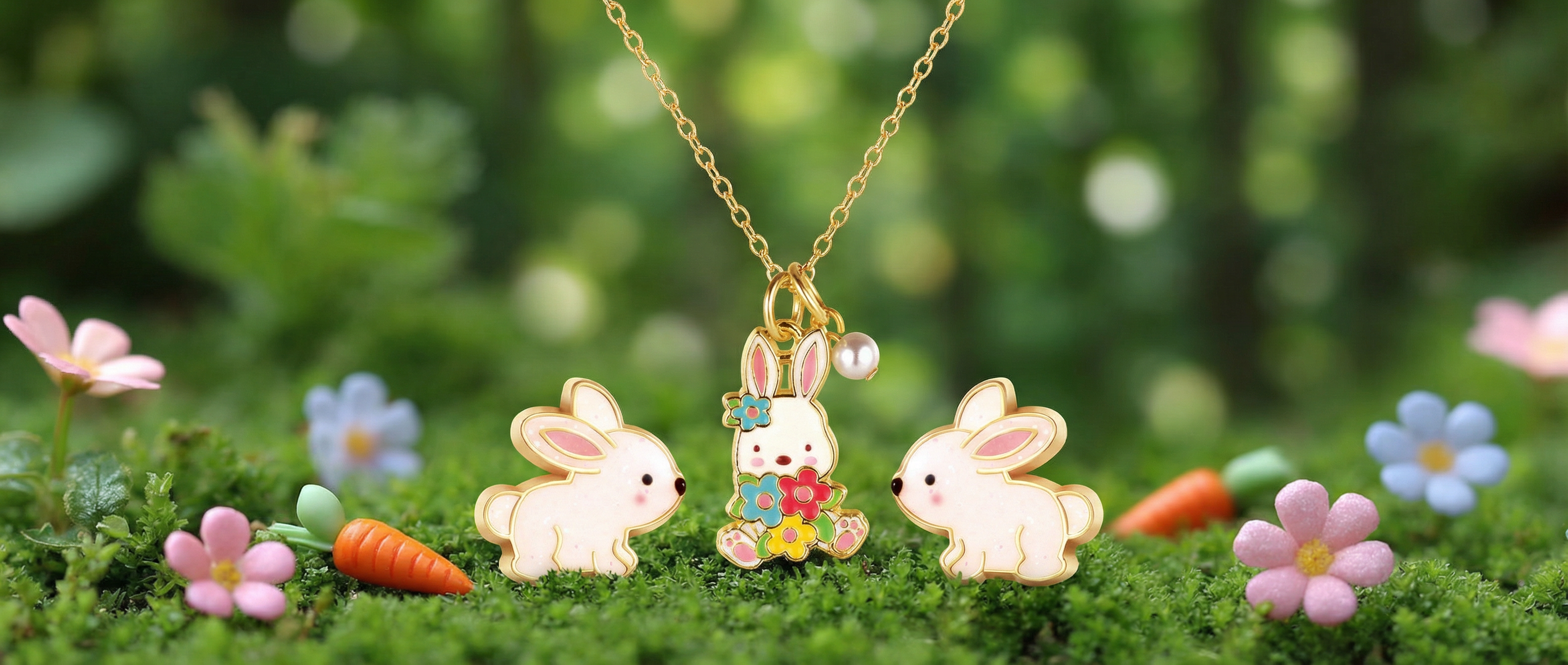 Cute bunny easter earrings and necklace set for girls, hypoallergenic kids jewelry by Girl Nation Canada