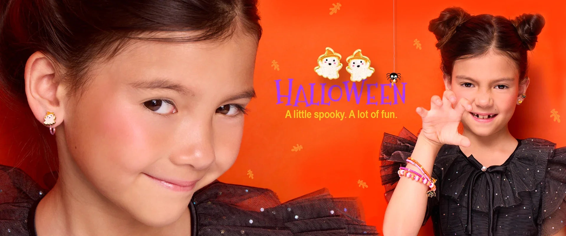 Girl Nation Halloween earrings featuring black cat, ghost, witch hat and candy corn designs on dark background