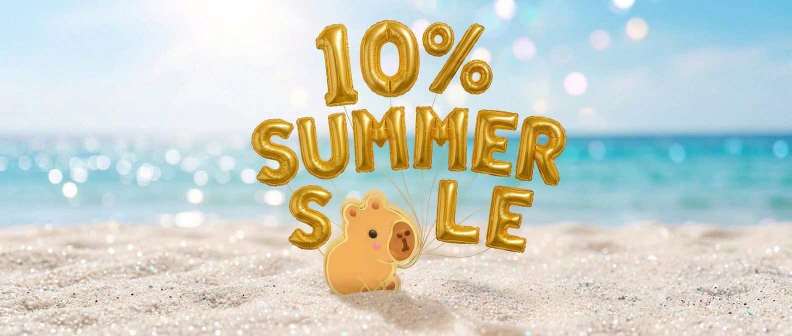 Summer sale 10% off badge with capybara enamel pin holding gold balloons on a beach background