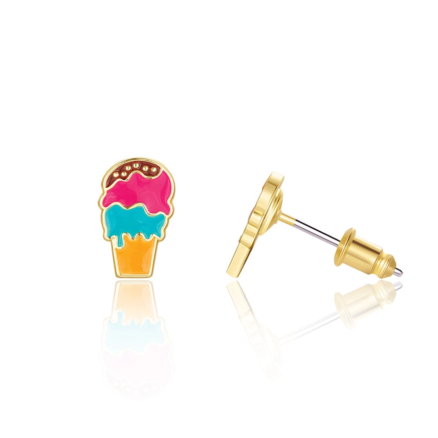 Hand-painted Triple Scoop ice cream enamel stud earrings for girls by Girl Nation Canada. Featuring 316L surgical steel posts for sensitive ears, these hypoallergenic and nickel-free earrings are the perfect birthday, Easter basket stuffer, or back-to-school gift for a granddaughter who loves sweet treats and cute jewelry