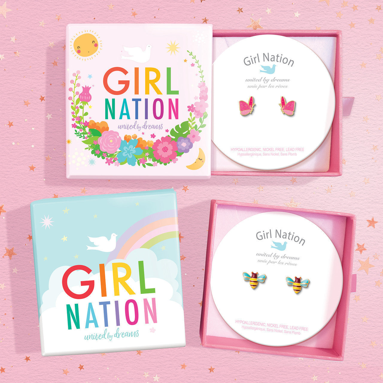 Gift-ready stud earrings for kids, featuring hypoallergenic surgical steel and a secure safety back, beautifully packaged for your granddaughter's special occasion.