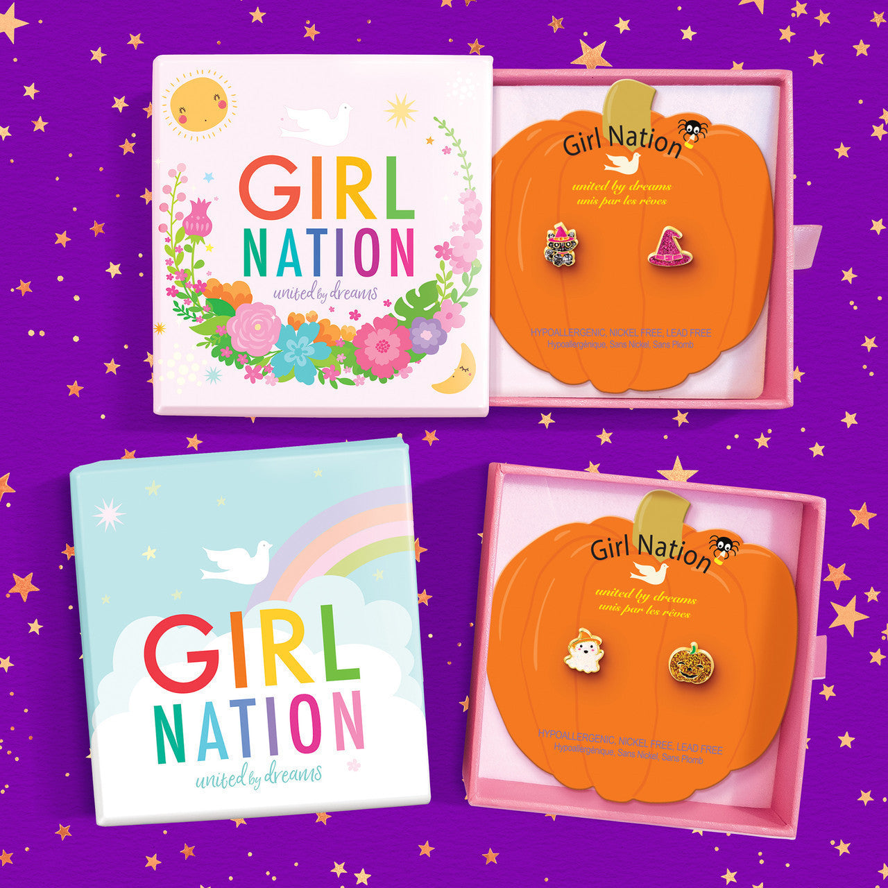 Gift-ready stud earrings for kids, featuring hypoallergenic surgical steel and a secure safety back, beautifully packaged for your granddaughter's special occasion.