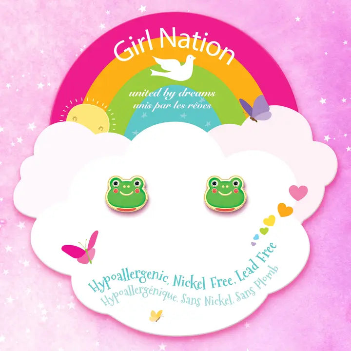 Detailed view of the Fancy Frog earrings with smiling faces and vibrant green enamel. A sweet accessory for back-to-school, kindergarten graduation, or as premium party favors for little girls in Canada.