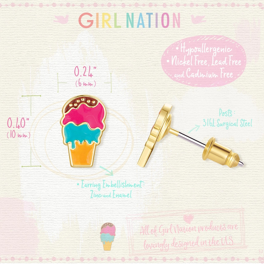 The perfect birthday gift or Easter basket stuffer for a granddaughter: cute Triple Scoop ice cream stud earrings. Safe, hypoallergenic jewelry for young