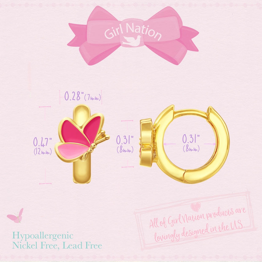 Detailed view of the secure huggie-style closure on 18K gold butterfly earrings. Prevents loss during sports and play, ensuring a comfortable and worry-free fit for girls.