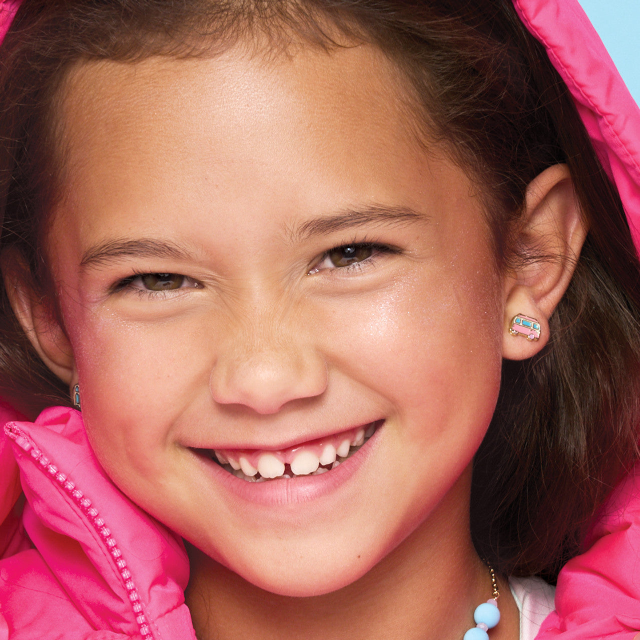 Fun Happy Camper tent stud earrings for kids, perfect for holiday adventures and outdoor gifts. Featuring a hypoallergenic surgical steel post and a secure safety back.