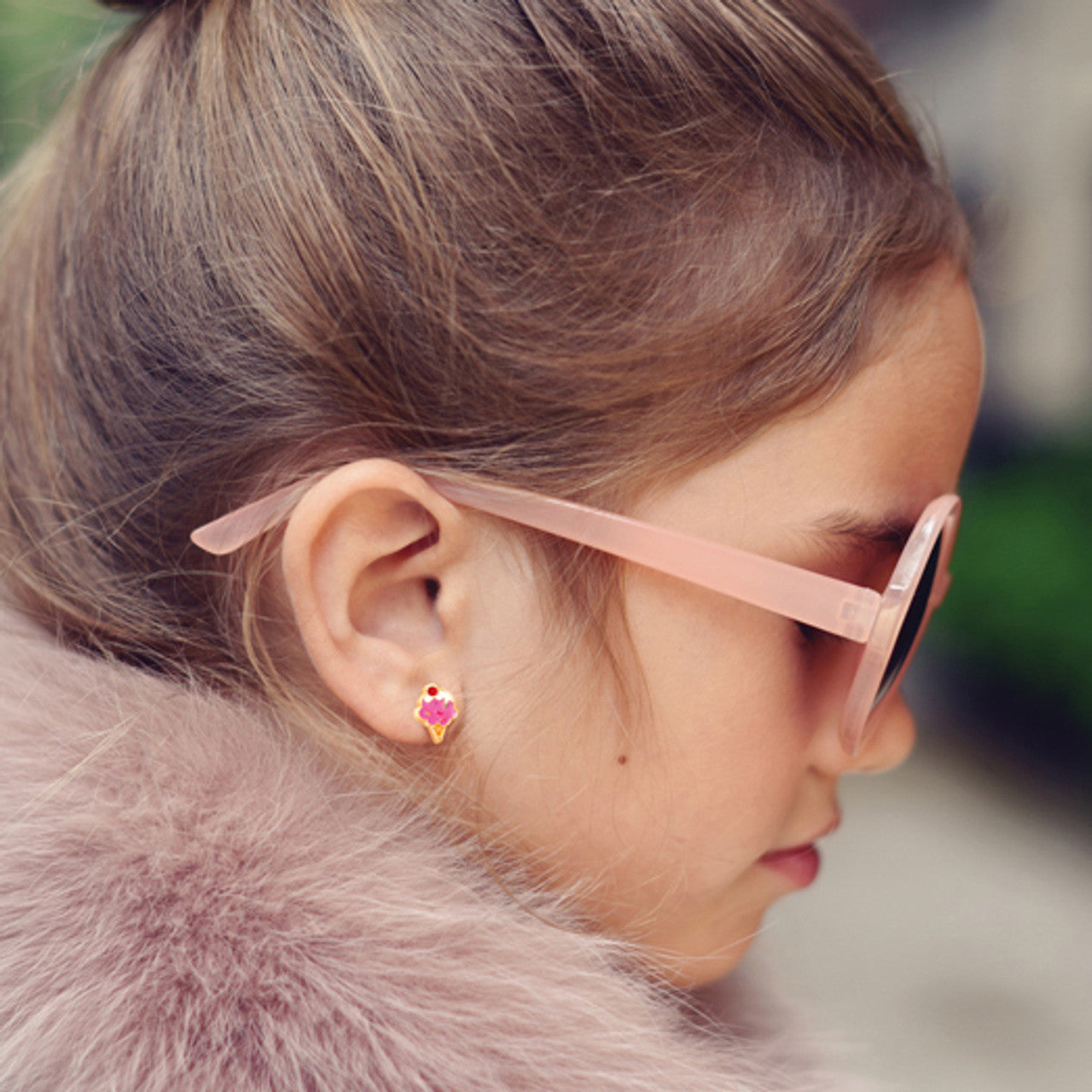 Sweet Ice Cream Dream stud earrings for kids, featuring hypoallergenic surgical steel and a secure safety back. A fun and skin-safe jewelry gift for granddaughters with sensitive ears.