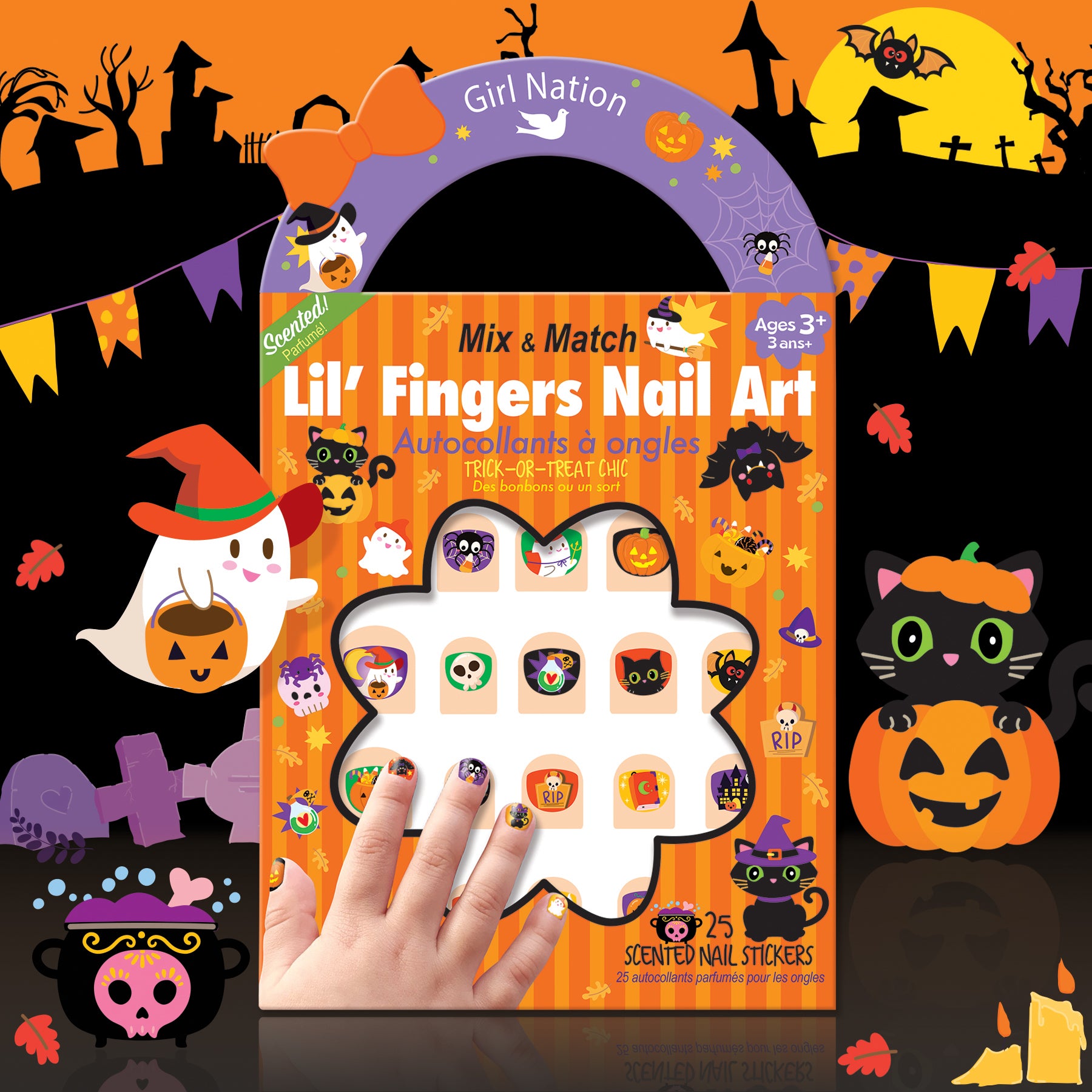 Festive scented holiday nail stickers for kids, including 25 festive designs for Christmas or Halloween. The ultimate holiday stocking stuffer for your granddaughter featuring a safe, sweet scent.