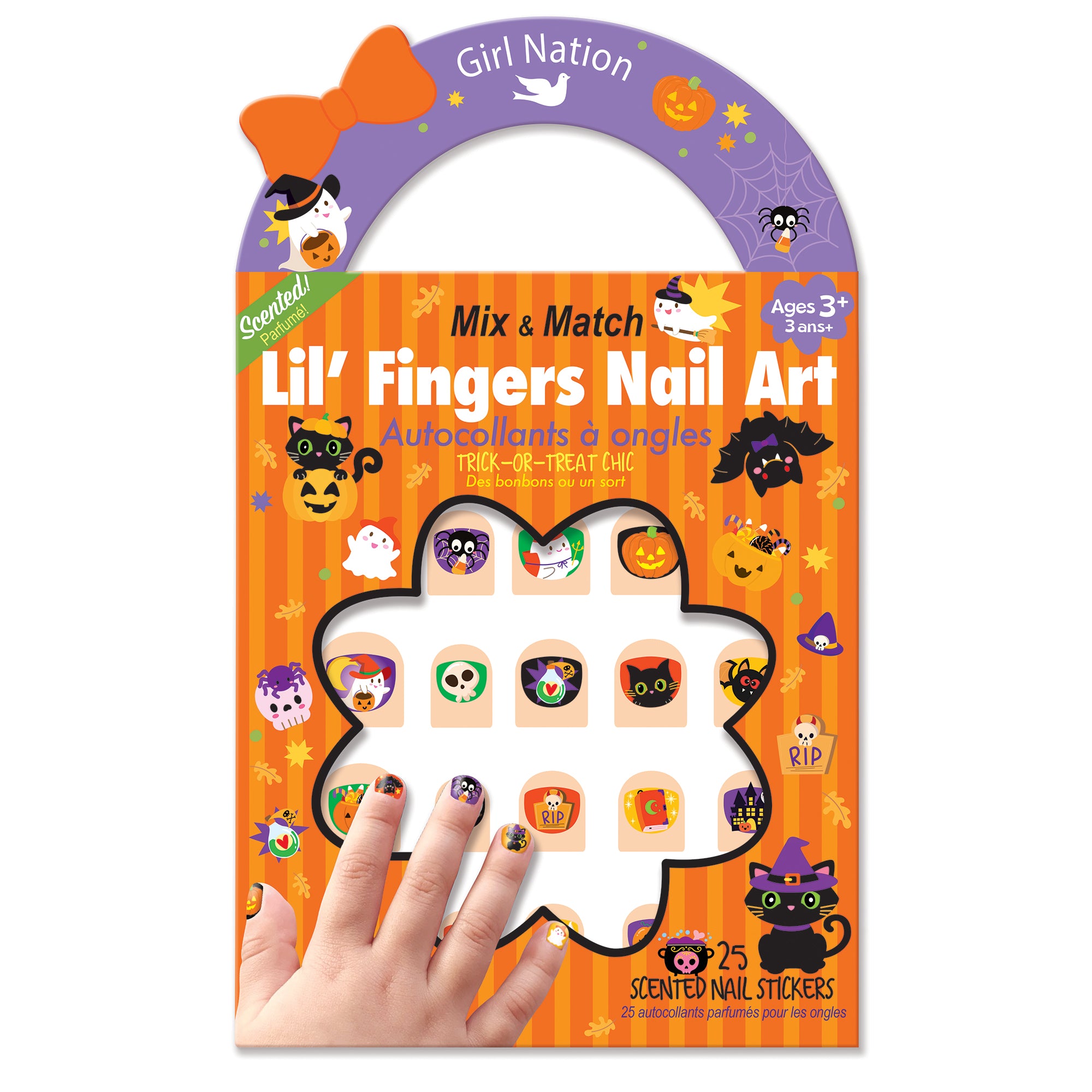 Festive scented holiday nail stickers for kids, including 25 festive designs for Christmas or Halloween. The ultimate holiday stocking stuffer for your granddaughter featuring a safe, sweet scent.