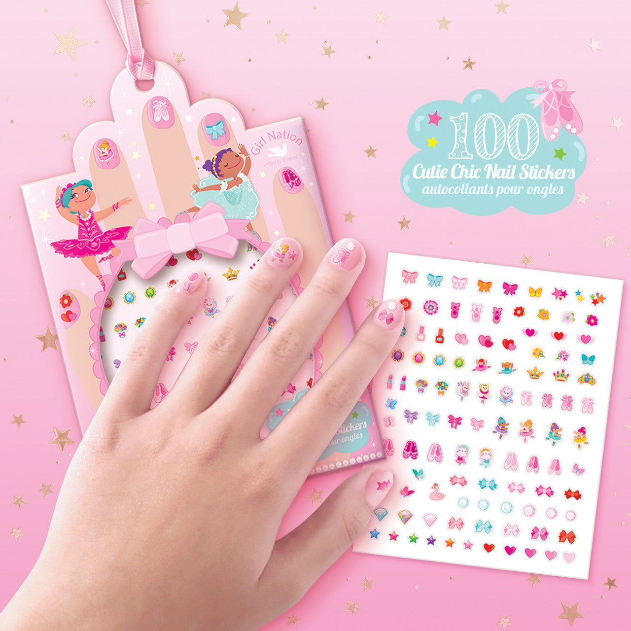 Premium Cutie Chic Pretty Ballerinas nail stickers for kids, featuring over 100 graceful designs like ballet shoes and stars. A perfect no-mess birthday gift for your daughter (ages 4+) to personalize her manicure.