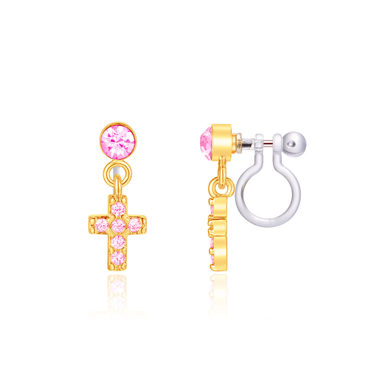Elegant pink crystal cross dangle clip-on earrings for kids, fancy "It Girl" style religious jewelry for Easter Sunday and special church events. Sparkling hypoallergenic accessories for girls in Canada.