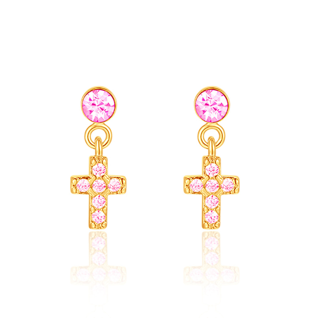 Kids dangle stud earrings with pink cross, fancy "It Girl" style religious jewelry for girls' Easter outfits in Canada.