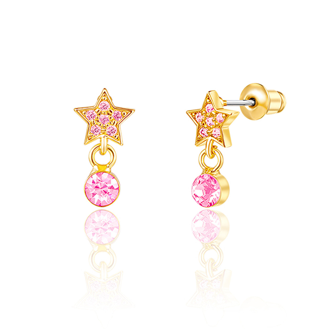 Sparkling Crystal Star drop stud earrings for girls, an elegant birthday gift for your niece. Featuring hypoallergenic surgical steel and a secure safety back for sensitive ears.