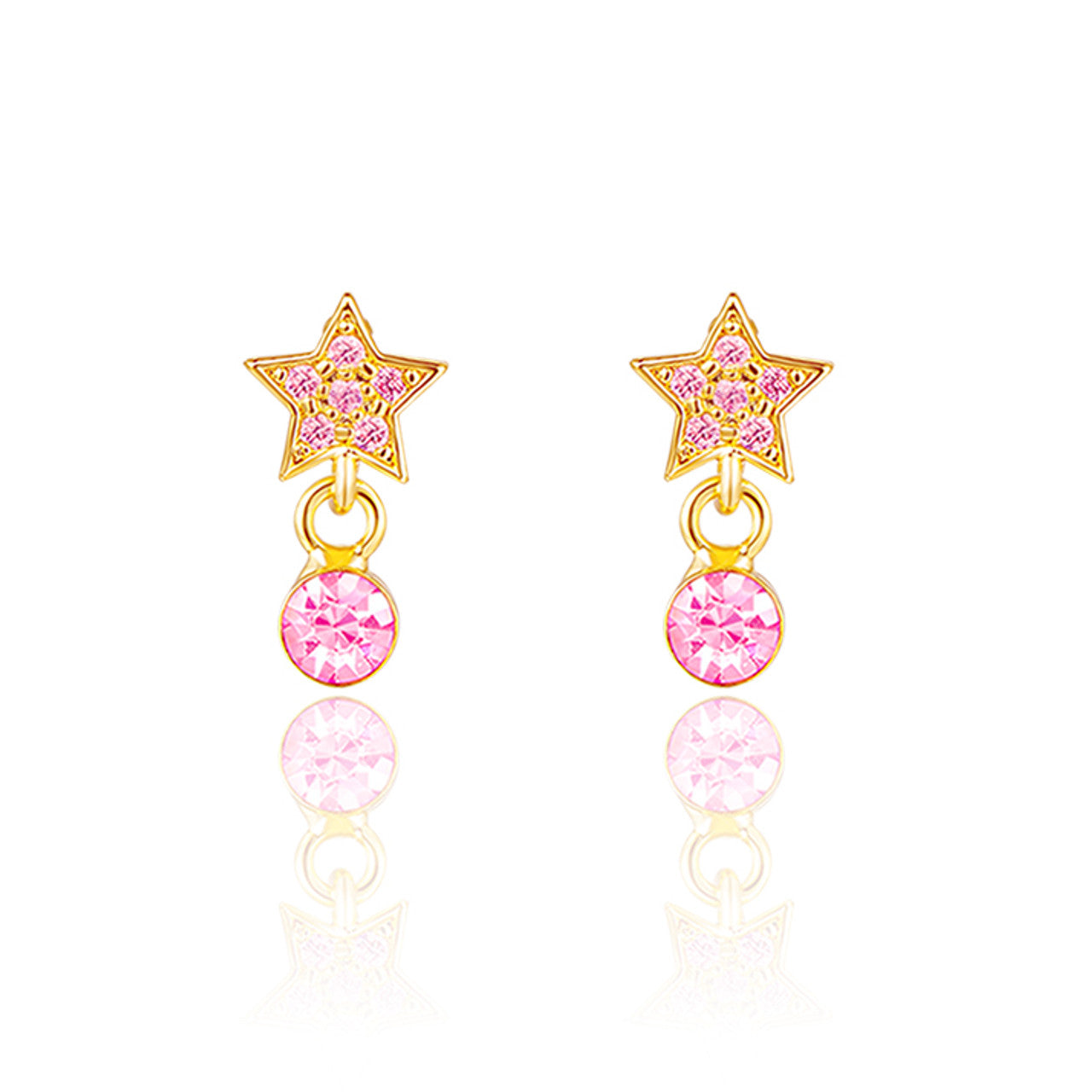 Kids dangle stud earrings with pink star, fancy "It Girl" style celestial jewelry for girls' birthday party outfits in Canada.