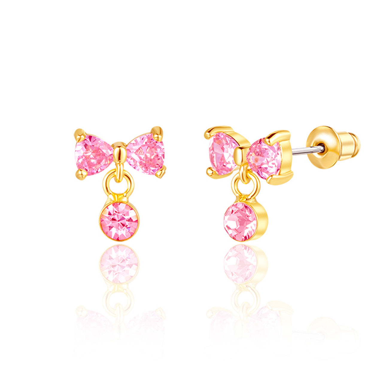 Elegant Luxe Drop Bow earrings with pink cubic zirconia, perfect for a Valentine's Day or birthday gift. Designed with 316L surgical steel and a protective safety back.