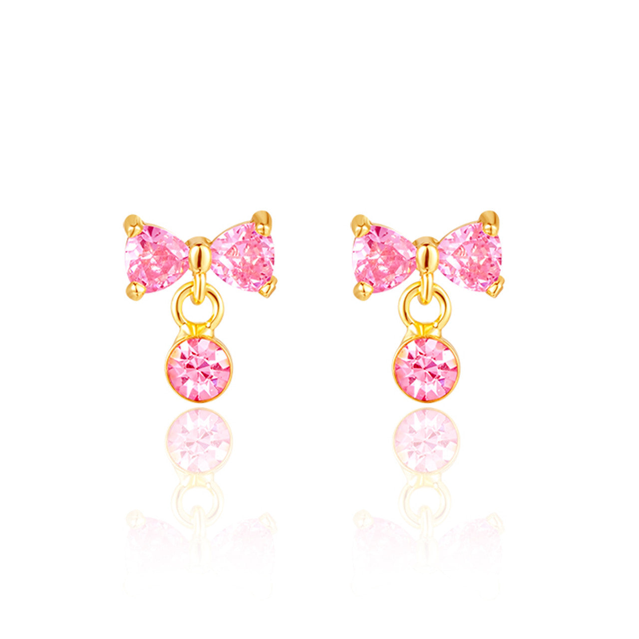Elegant Luxe Drop Bow earrings with pink cubic zirconia, perfect for a Valentine's Day or birthday gift. Designed with 316L surgical steel and a protective safety back.