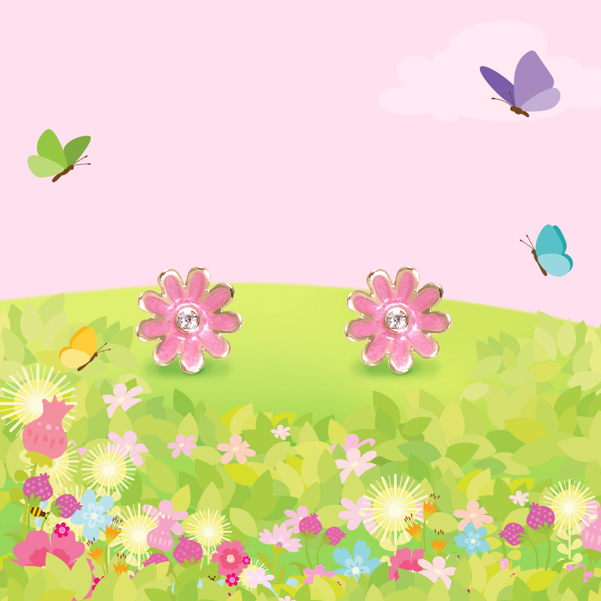 Delicate Pink Daisy flower clip-on earrings for kids, featuring a secure stay-on clip and a comfortable, pain-free design. A great floral gift for girls with unpierced ears.