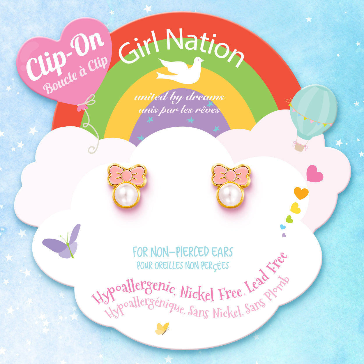 Close-up of the stylish pink bow design highlighting the hypoallergenic gold finish and the secure back that stays safely on during active play.