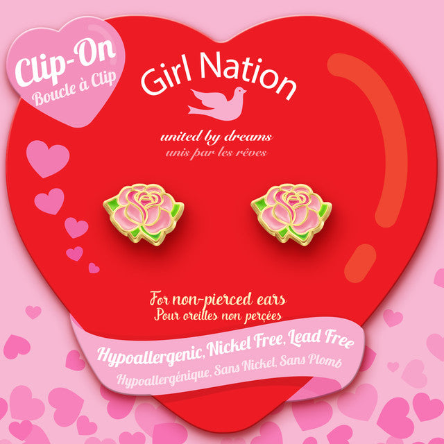 Detailed view of the floral design and the secure back, providing a non-pierced jewelry solution that won't fall off during play.