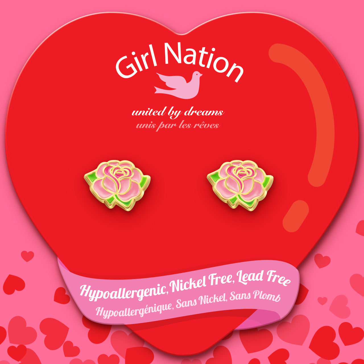 Close-up of the pink rose studs highlighting the vibrant enamel and skin-friendly finish. Designed to be secure and comfortable for active children throughout the day.