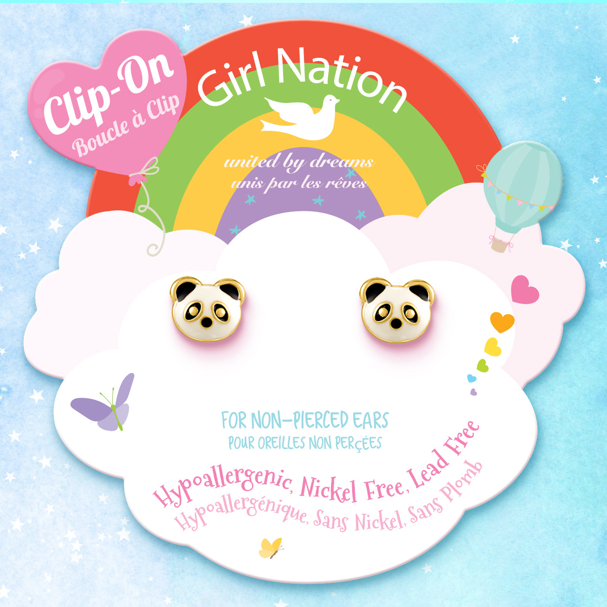 Detailed view of the panda design and the breathable, non-pierced earring back that prevents redness and discomfort.