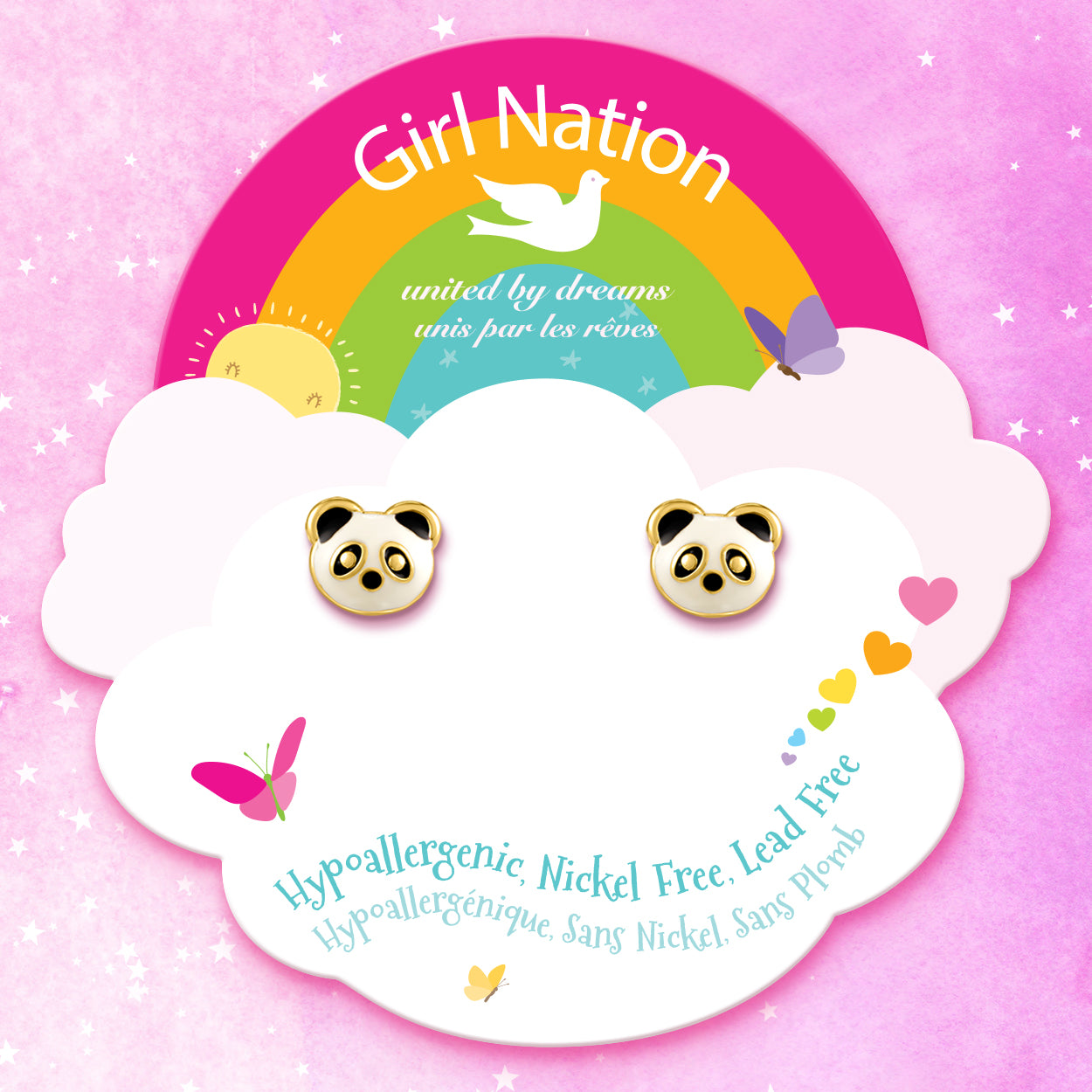 Macro view of the panda studs highlighting the detailed enamel and secure stay-on back. A family-approved, nickel-free choice for stylish and active young girls