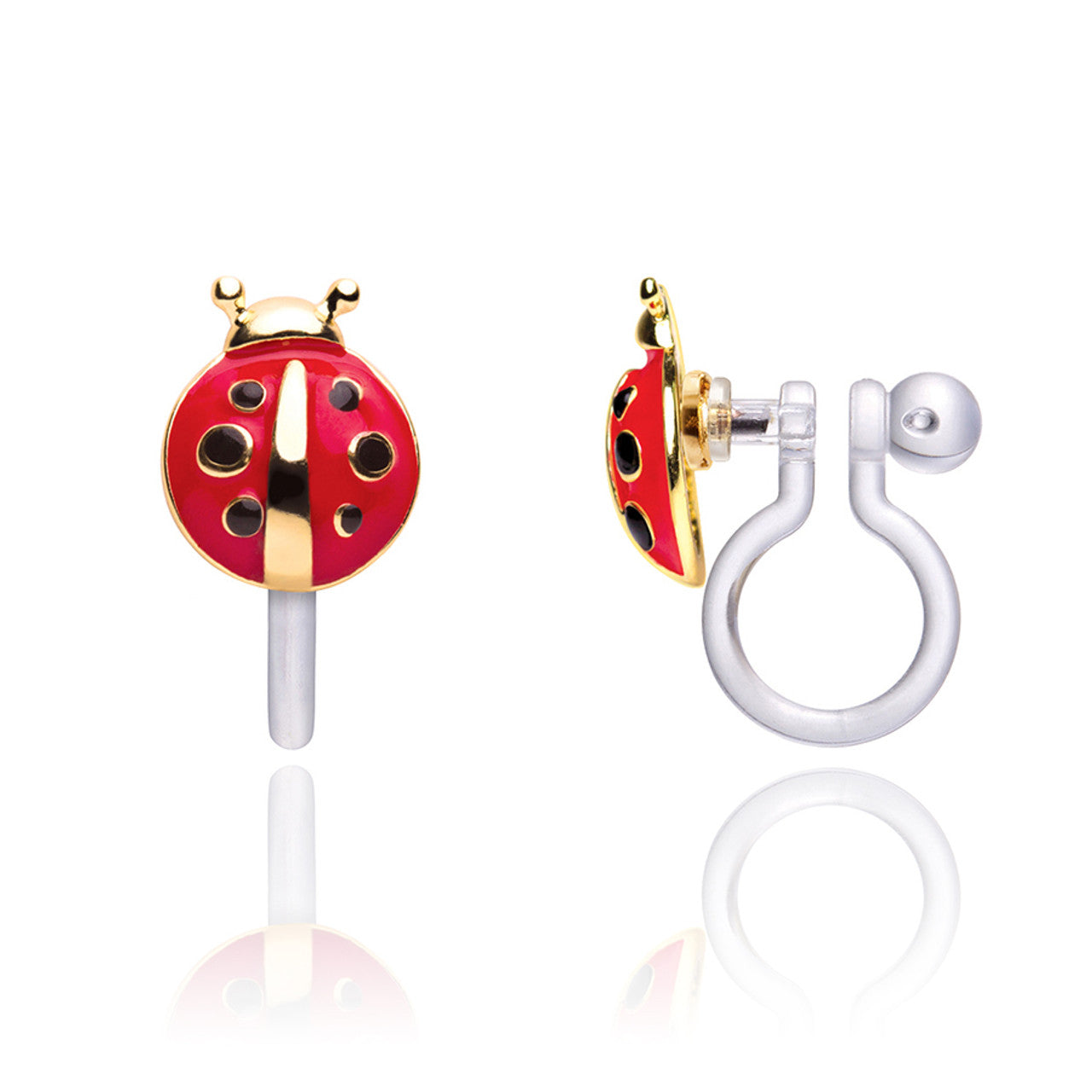 Classic Red Ladybug clip-on earrings for kids, featuring a hypoallergenic and pain-free design. A favorite animal jewelry gift for girls with unpierced ears.