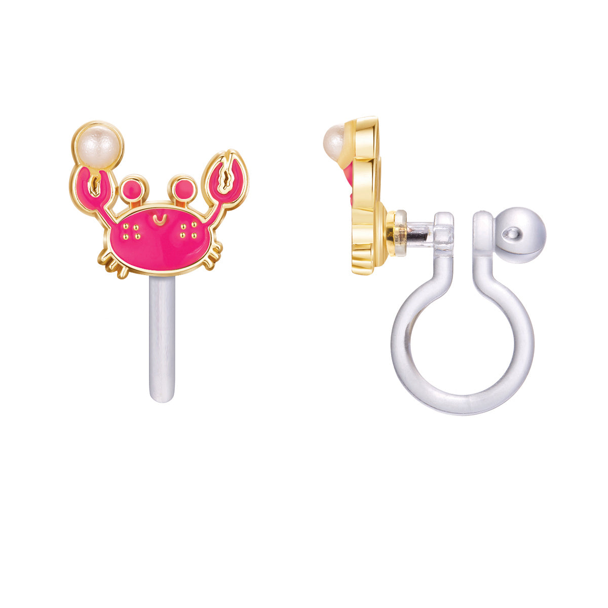 Friendly Happy Crab clip-on earrings for kids, featuring a secure and hypoallergenic clip for sensitive, unpierced earlobes.