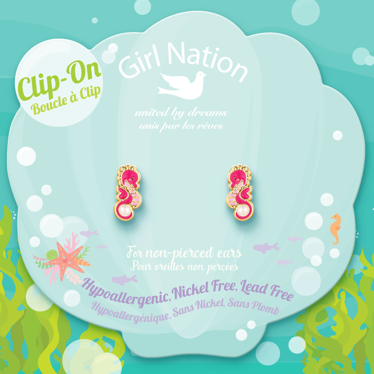 Detailed shot of the seahorse design with a soft-touch clip back that prevents redness and discomfort for children during daily wear.