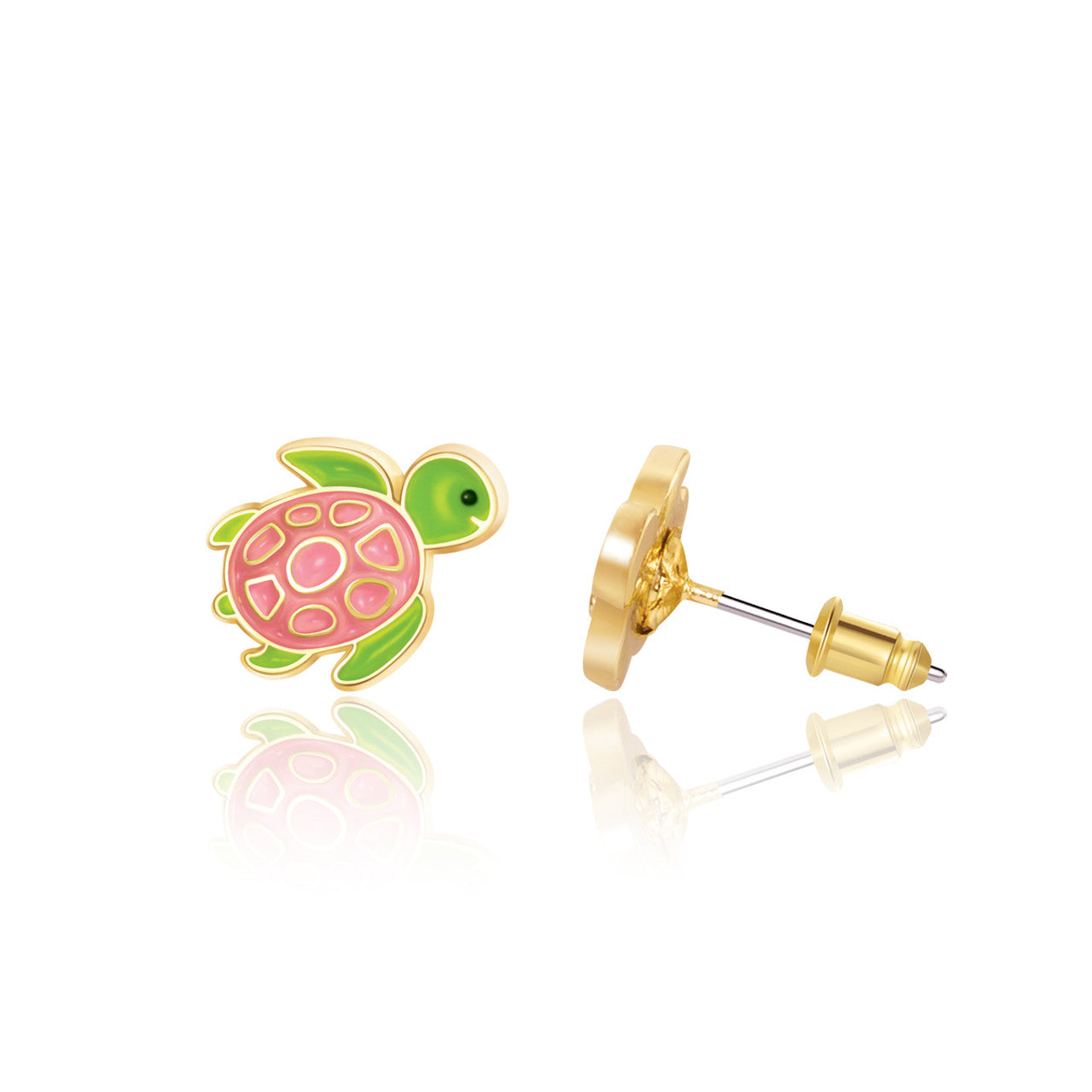 Fun Turtle animal stud earrings for kids, featuring a secure safety back and skin-safe surgical steel. A perfect Holiday gift for sensitive, unpierced ears.