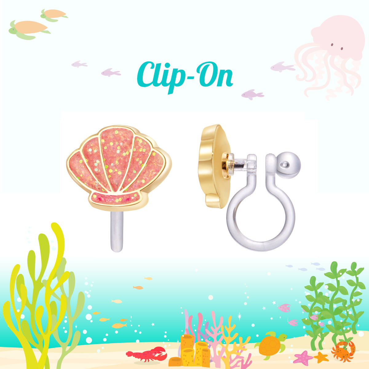 Detailed shot of the seashell design and the gentle-pressure clip back, providing a safe and stylish jewelry choice for young girls during summer play.