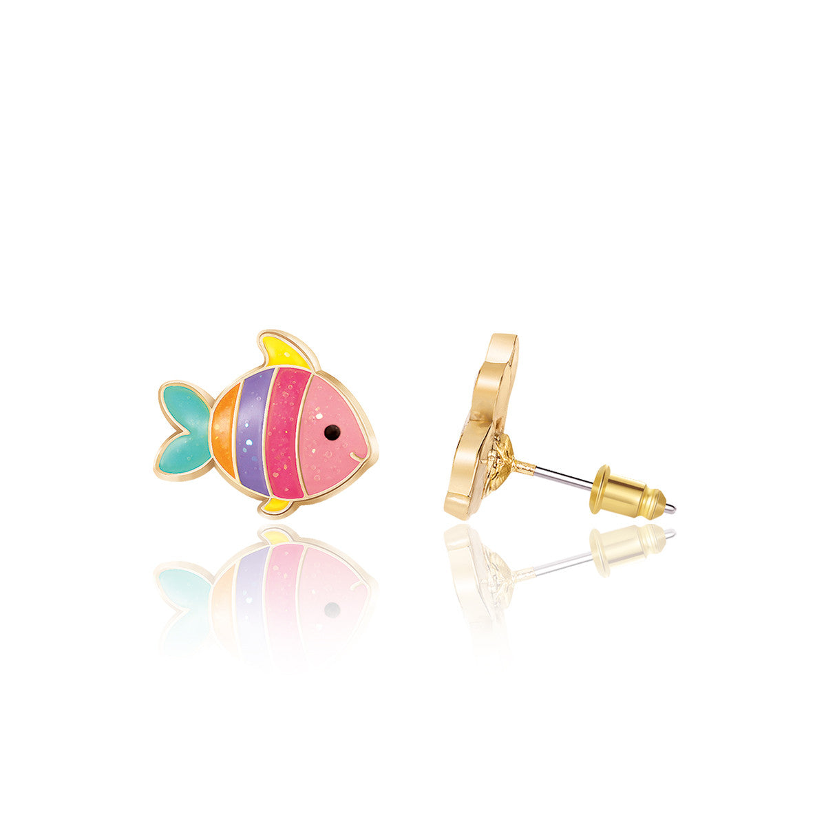 Detailed view of the Under the Sea Dynamic Duo earring gift set featuring a colorful fish and sparkly pink seashell design in a premium gift box. High-quality, non-toxic children's jewelry that adds a splash of fun to any summer outfit.