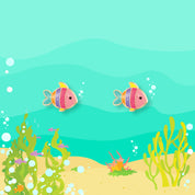 Detailed view of the rainbow fish studs featuring a secure-fit safety back. A hypoallergenic and skin-friendly choice for granddaughters' daily jewelry collection.