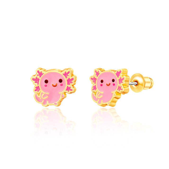 Cute Axolotl animal stud earrings for kids, made with hypoallergenic surgical steel and a secure safety back. A unique and skin-safe jewelry gift for girls.