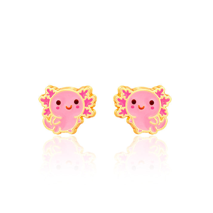 Cute Axolotl animal stud earrings for kids, made with hypoallergenic surgical steel and a secure safety back. A unique and skin-safe jewelry gift for girls.