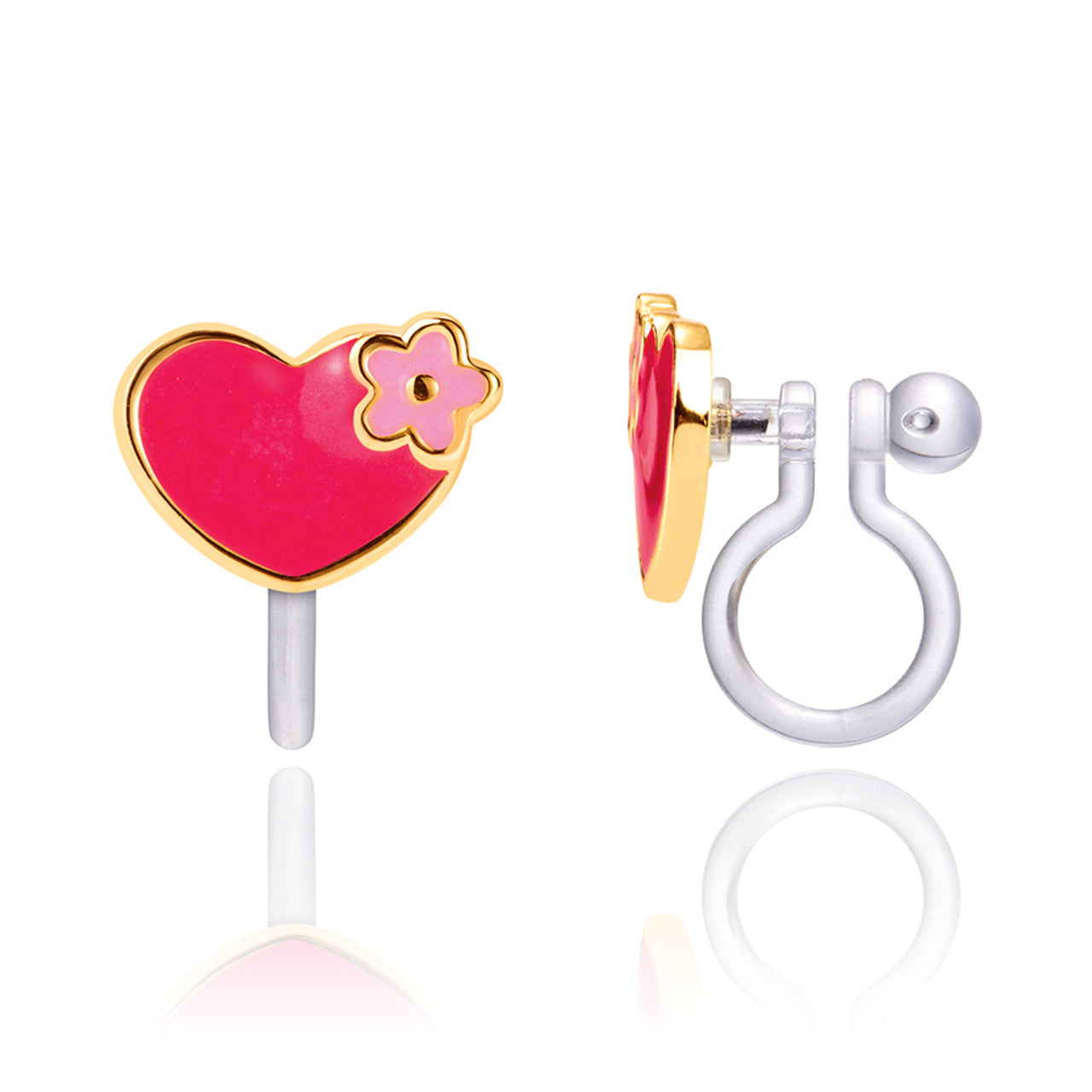 Beautiful Hearts and Flowers clip-on earrings for kids, featuring a secure-fit and pain-free design. A sweet and hypoallergenic jewelry gift set for girls.