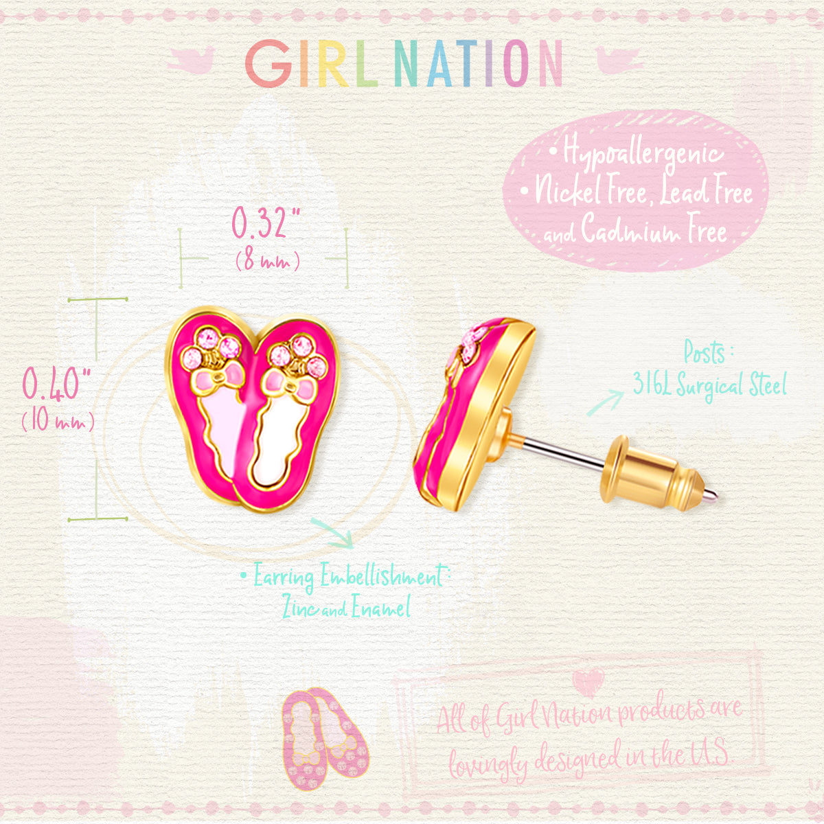 Macro view of the ballet dancer studs highlighting the detailed enamel and secure stay-on back. A family-approved, nickel-free choice for stylish young girls.