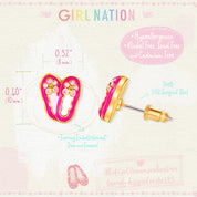 Macro view of the ballet dancer studs highlighting the detailed enamel and secure stay-on back. A family-approved, nickel-free choice for stylish young girls.