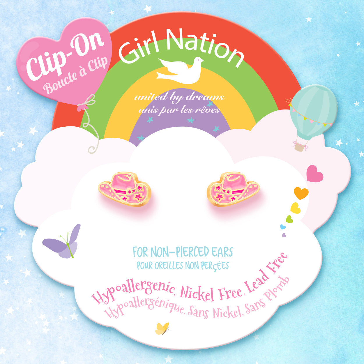 Close-up of the pink cowgirl hat design highlighting the hypoallergenic materials and the gentle clasp for sensitive ears.