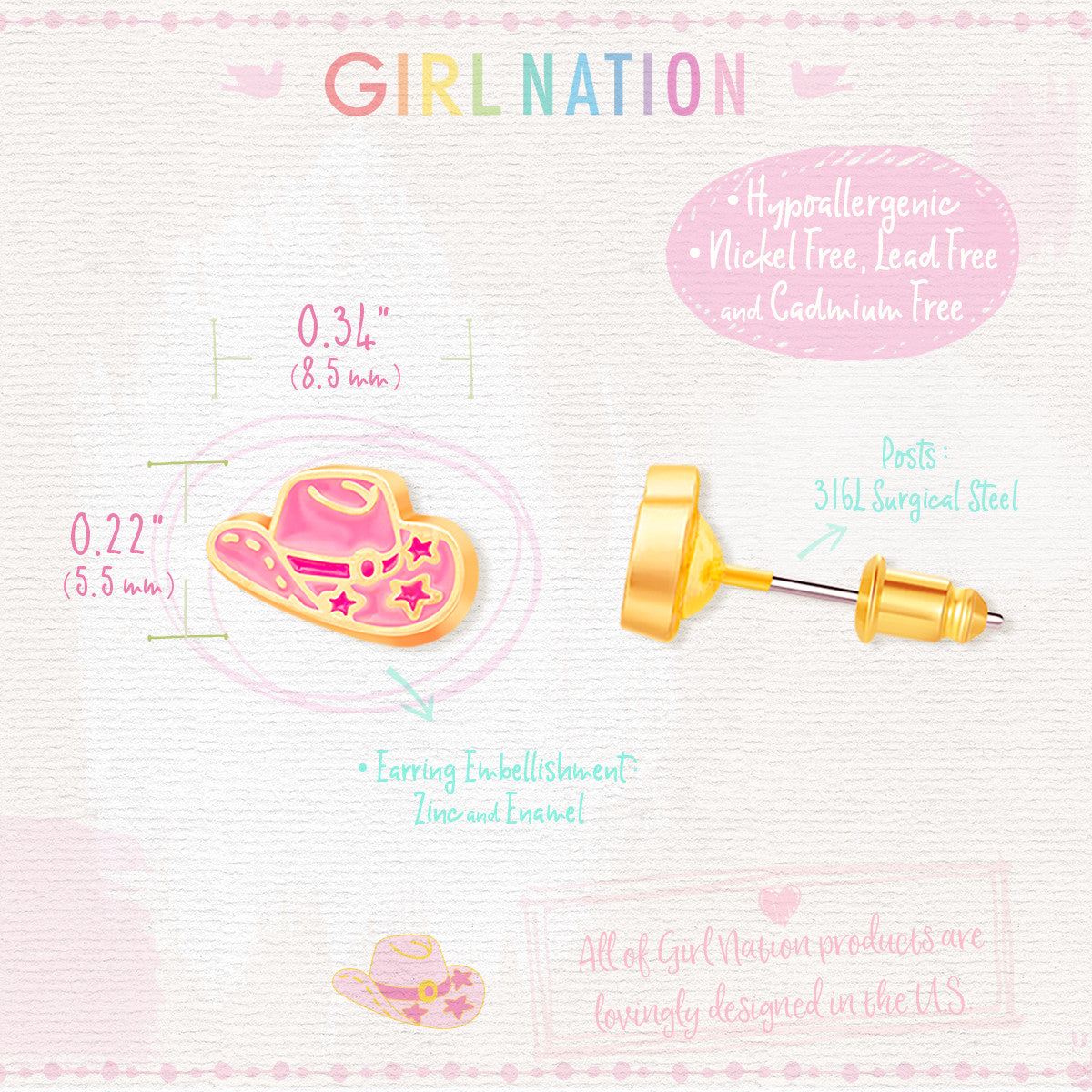 Detailed view of the pink cowgirl hat studs highlighting the skin-safe materials and secure-clasp back. A hypoallergenic and stylish choice for granddaughters' jewelry collection.