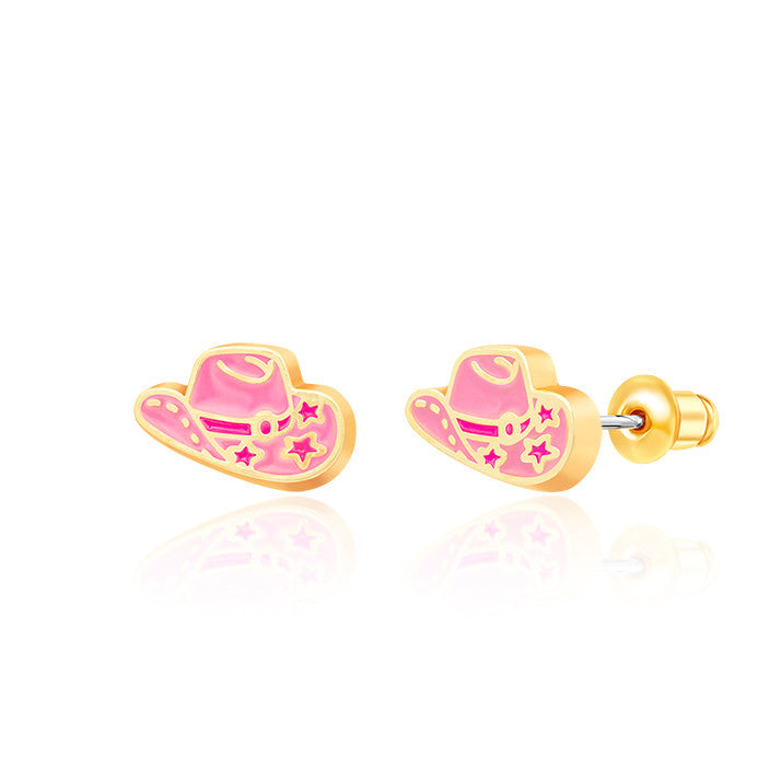 Trendy Western Cowgirl Hat stud earrings for girls, a perfect birthday or holiday gift for your niece. Made with nickel-free surgical steel and a secure safety back for sensitive ears.