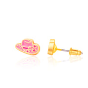 Detailed look at the Cowgirl Cutie triple earring set with pink and gold horseshoe, hat, and boot studs in a premium Girl Nation box. High-quality children's jewelry combining trendy western charm with durable, non-toxic materials.