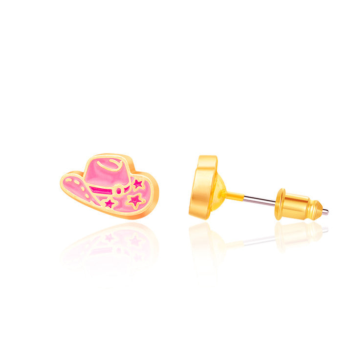 Detailed look at the Cowgirl Cutie triple earring set with pink and gold horseshoe, hat, and boot studs in a premium Girl Nation box. High-quality children's jewelry combining trendy western charm with durable, non-toxic materials.