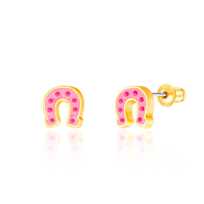 Trendy Lucky Horseshoe western stud earrings for girls, a perfect holiday gift for your niece. Made with nickel-free surgical steel and a secure safety back for sensitive, pierced ears.