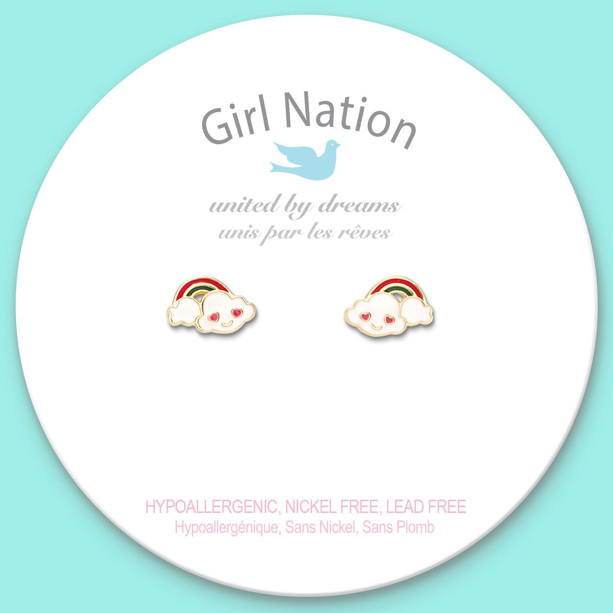 Detailed shot of the cloud and rainbow studs with a protective safety back. Family-approved and nickel-free, ensuring a comfortable fit for everyday play.